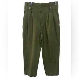 Zara Paperbag Waist Linen Blend Barrel‎ Leg Pants Size MEDIUM Army Olive Green
